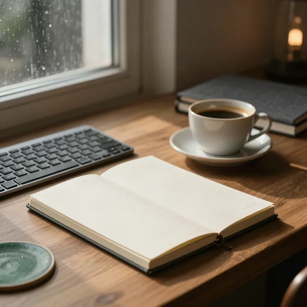 Schrijfbureau met regen aan het raam, koffie, toetsenbord en manuscript in warm licht.