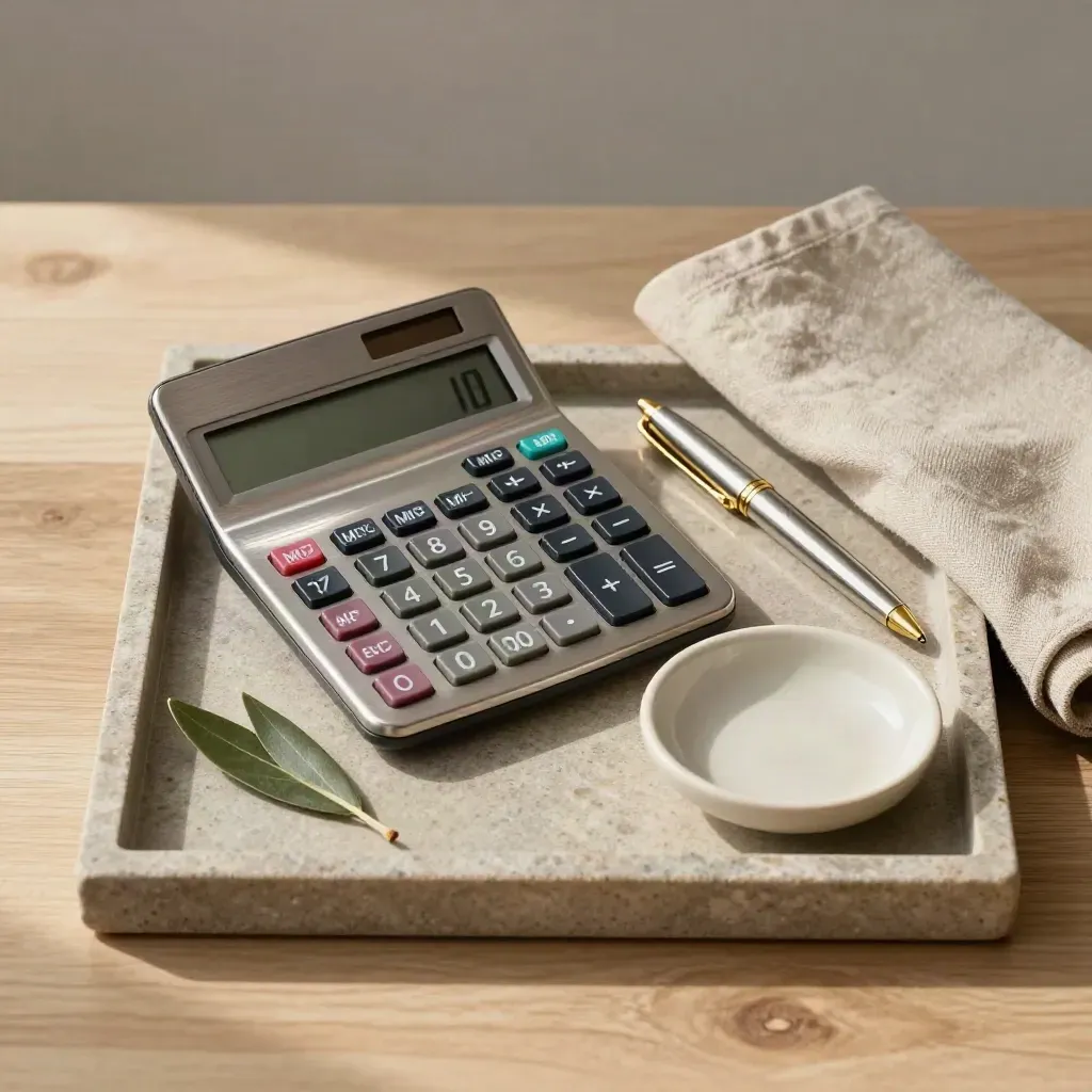 Bovenaanzicht van een zilverkleurige calculator met pen, schaaltje, doek en blad op steen.