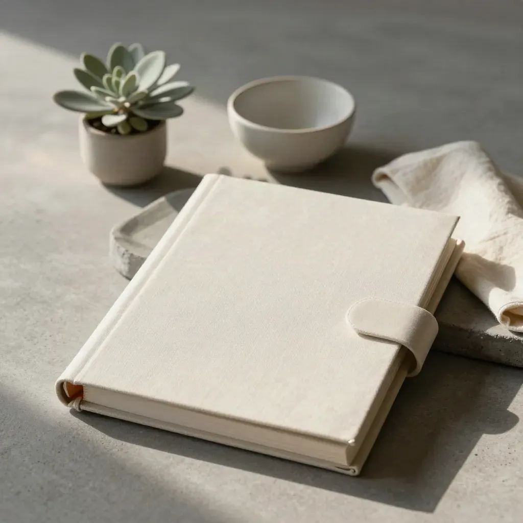 Minimalistische ordner met tabbladen op een stenen tray naast een plant en keramische schaal.